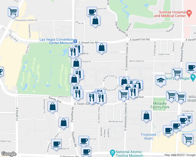 map of restaurants, bars, coffee shops, grocery stores, and more near 572 Willow Green Drive in Las Vegas