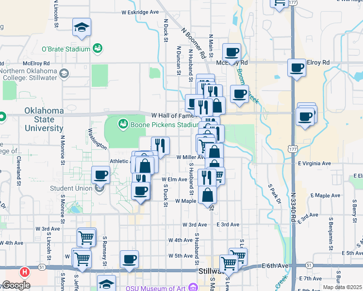 map of restaurants, bars, coffee shops, grocery stores, and more near 222 North Duncan Street in Stillwater