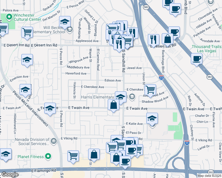 map of restaurants, bars, coffee shops, grocery stores, and more near 3731 East Cherokee Avenue in Las Vegas