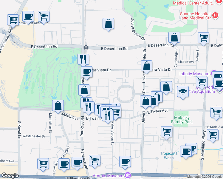 map of restaurants, bars, coffee shops, grocery stores, and more near 524 Delfern Lane in Las Vegas