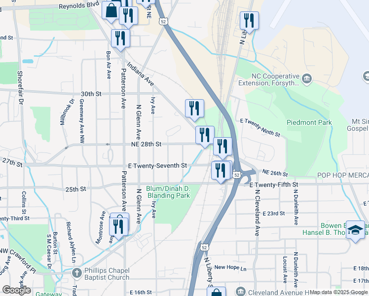 map of restaurants, bars, coffee shops, grocery stores, and more near 704 Northeast 28th Street in Winston-Salem