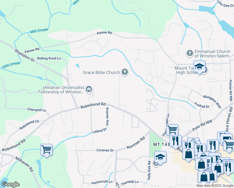 map of restaurants, bars, coffee shops, grocery stores, and more near 3895 Woodview Drive in Winston-Salem