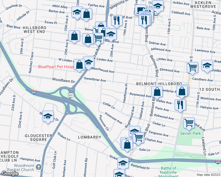 map of restaurants, bars, coffee shops, grocery stores, and more near 2820 Hazelwood Drive in Nashville
