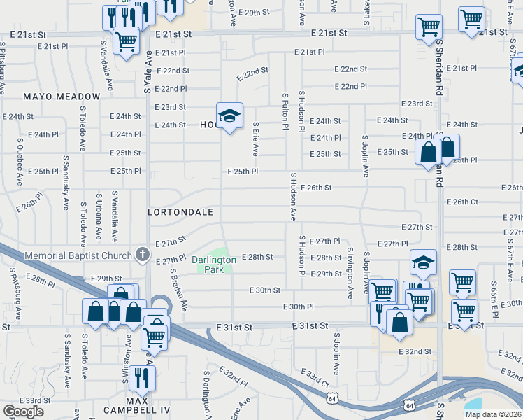 map of restaurants, bars, coffee shops, grocery stores, and more near 5348 East 26th Place in Tulsa