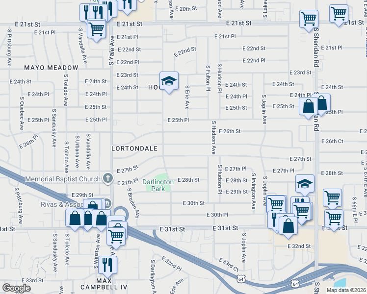map of restaurants, bars, coffee shops, grocery stores, and more near 5348 East 26th Place in Tulsa