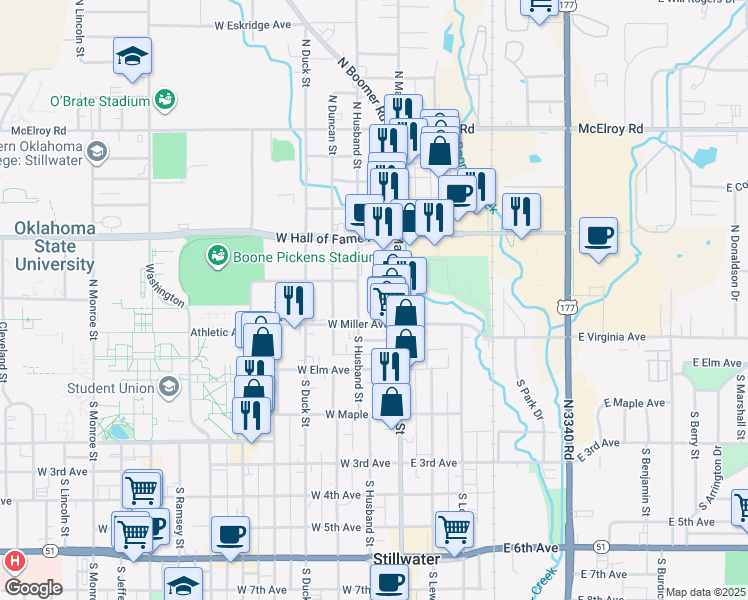 map of restaurants, bars, coffee shops, grocery stores, and more near 220 North Husband Street in Stillwater
