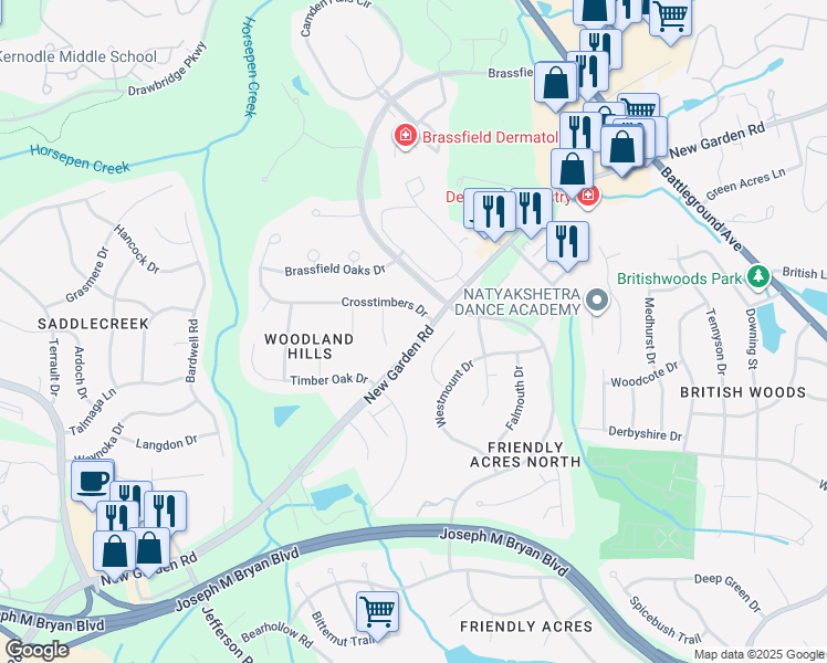 map of restaurants, bars, coffee shops, grocery stores, and more near 1917 New Garden Road in Greensboro