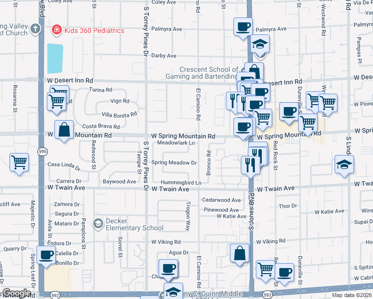 map of restaurants, bars, coffee shops, grocery stores, and more near 3552 Woodbine Way in Las Vegas