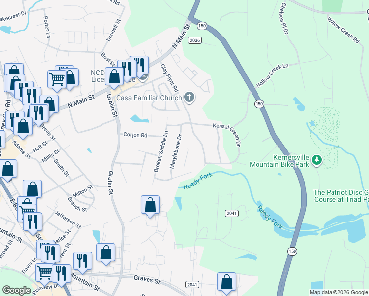 map of restaurants, bars, coffee shops, grocery stores, and more near 325 Marylebone Drive in Kernersville