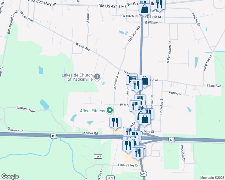 map of restaurants, bars, coffee shops, grocery stores, and more near 632 Carolina Avenue in Yadkinville