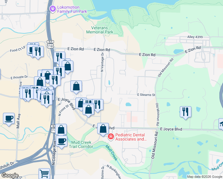 map of restaurants, bars, coffee shops, grocery stores, and more near 4016 North Meadow View Drive in Fayetteville