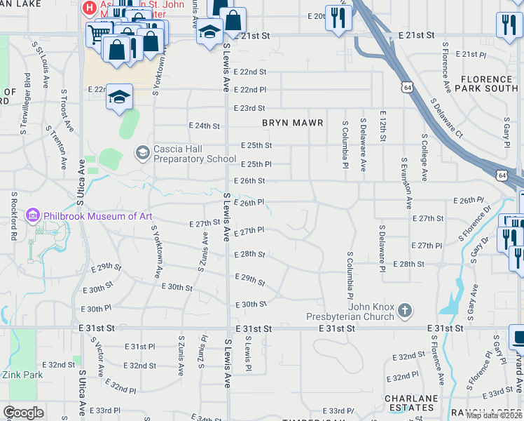 map of restaurants, bars, coffee shops, grocery stores, and more near 2440 East 26th Place in Tulsa