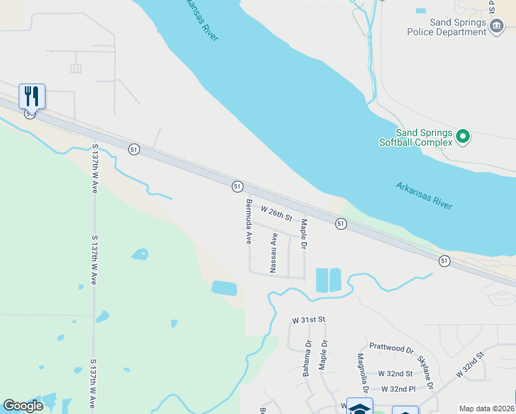 map of restaurants, bars, coffee shops, grocery stores, and more near 2604 Bermuda Avenue in Sand Springs