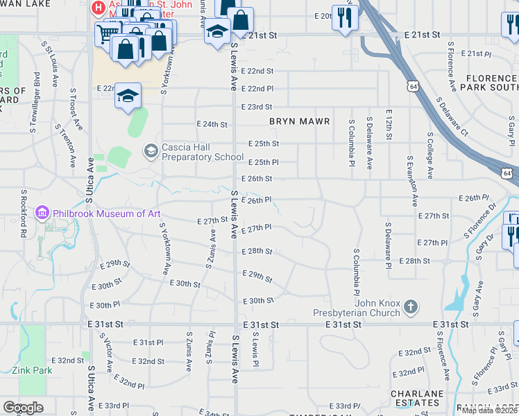 map of restaurants, bars, coffee shops, grocery stores, and more near 2440 East 26th Place in Tulsa