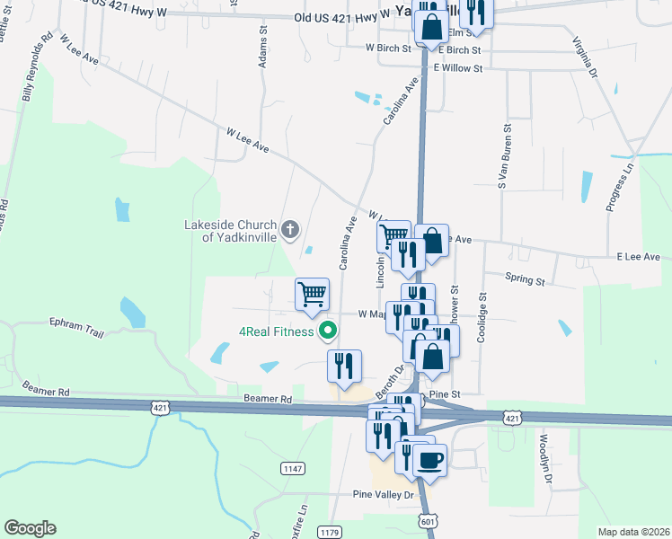 map of restaurants, bars, coffee shops, grocery stores, and more near 632 Carolina Ave in Yadkinville