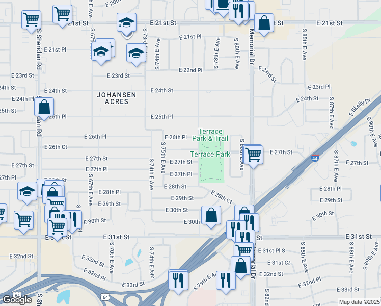 map of restaurants, bars, coffee shops, grocery stores, and more near 7550 East 26th Court in Tulsa