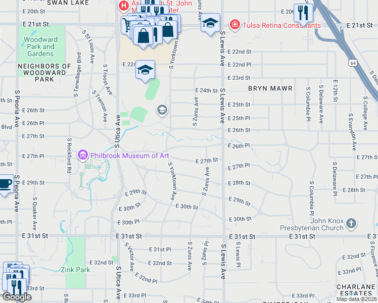 map of restaurants, bars, coffee shops, grocery stores, and more near 2144 East 26th Place in Tulsa