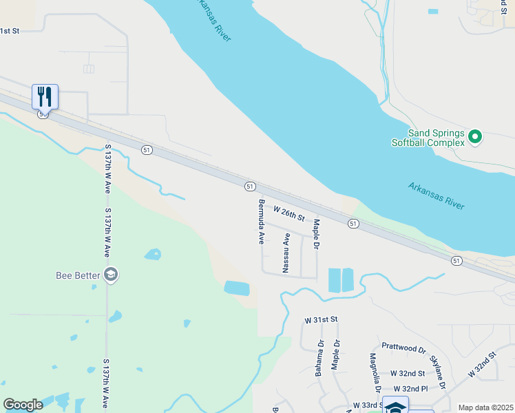 map of restaurants, bars, coffee shops, grocery stores, and more near 2602 Bermuda Avenue in Sand Springs