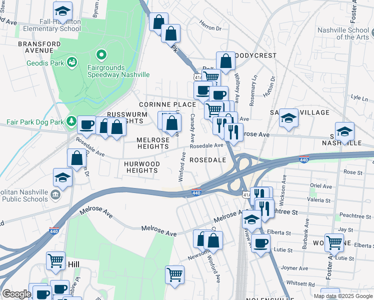 map of restaurants, bars, coffee shops, grocery stores, and more near 2202 Winford Avenue in Nashville