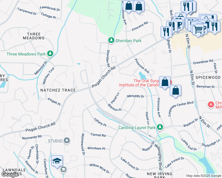 map of restaurants, bars, coffee shops, grocery stores, and more near 3710 Wynnewood Drive in Greensboro
