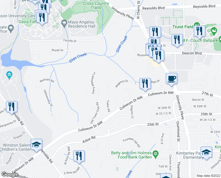 map of restaurants, bars, coffee shops, grocery stores, and more near 2801 Montclair Road in Winston-Salem