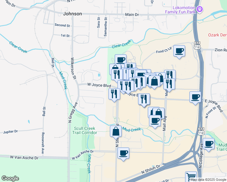 map of restaurants, bars, coffee shops, grocery stores, and more near 4025 North Steele Boulevard in Fayetteville