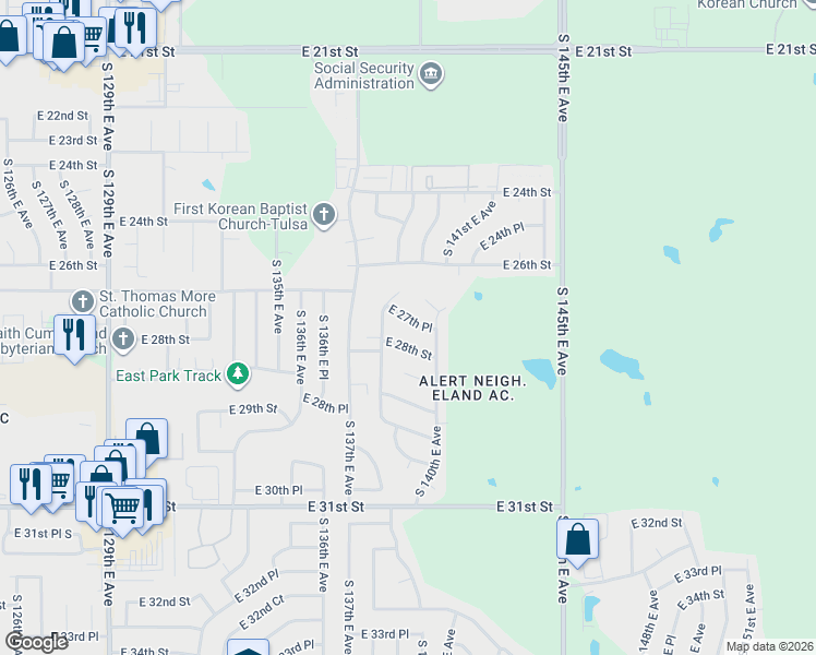 map of restaurants, bars, coffee shops, grocery stores, and more near 13826 East 27th Place in Tulsa
