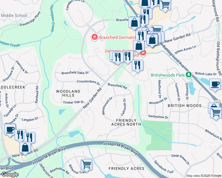 map of restaurants, bars, coffee shops, grocery stores, and more near 14 Westmount Court in Greensboro