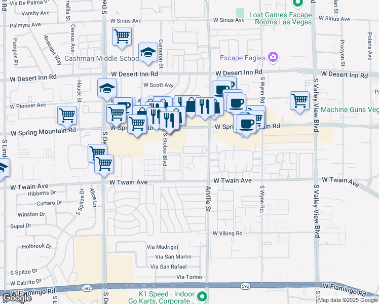 map of restaurants, bars, coffee shops, grocery stores, and more near 3585 Arville Street in Las Vegas