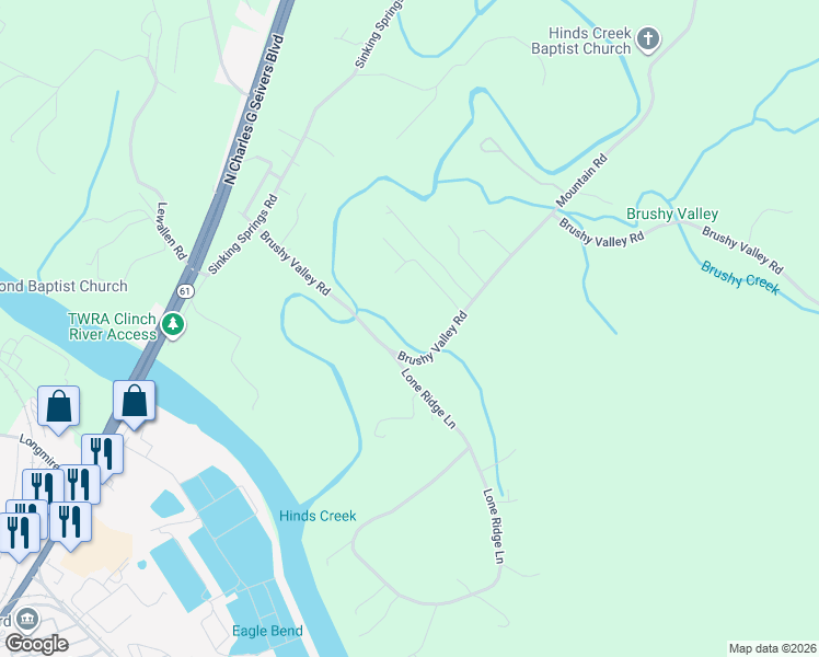 map of restaurants, bars, coffee shops, grocery stores, and more near 183 Brushy Valley Road in Clinton