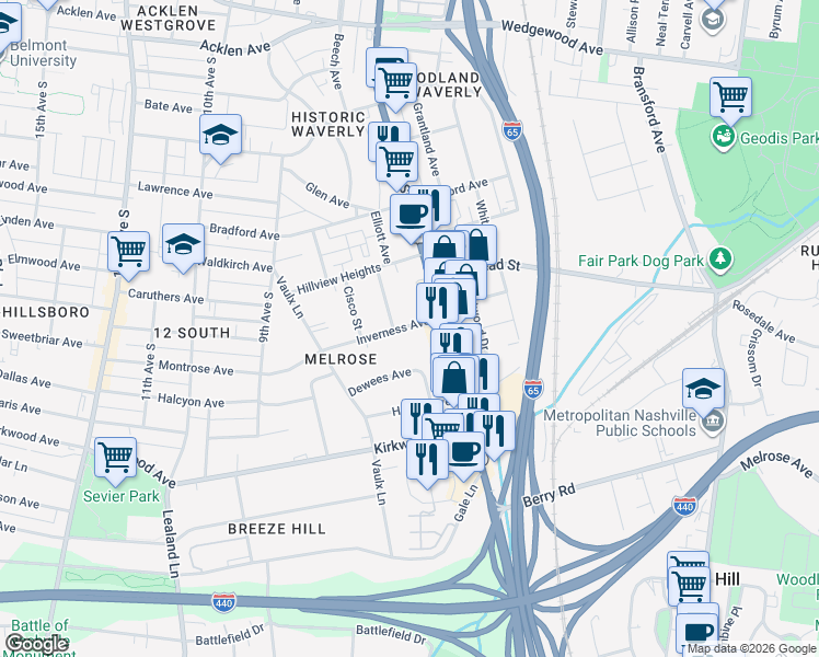 map of restaurants, bars, coffee shops, grocery stores, and more near 801 Inverness Avenue in Nashville