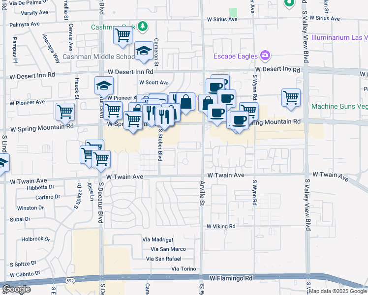 map of restaurants, bars, coffee shops, grocery stores, and more near 3585 Arville Street in Las Vegas
