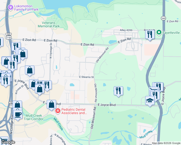 map of restaurants, bars, coffee shops, grocery stores, and more near 4052 North Abington Court in Fayetteville
