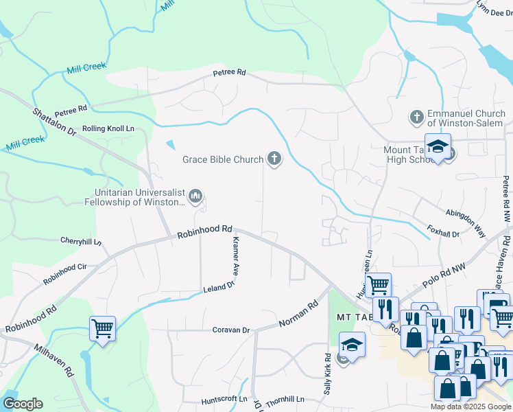 map of restaurants, bars, coffee shops, grocery stores, and more near 3895 Woodview Drive in Winston-Salem