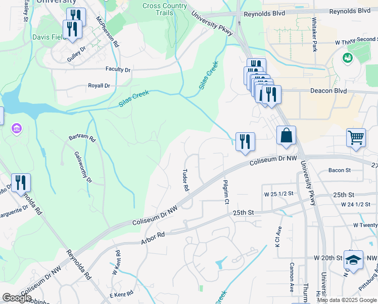 map of restaurants, bars, coffee shops, grocery stores, and more near 2801 Montclair Road in Winston-Salem