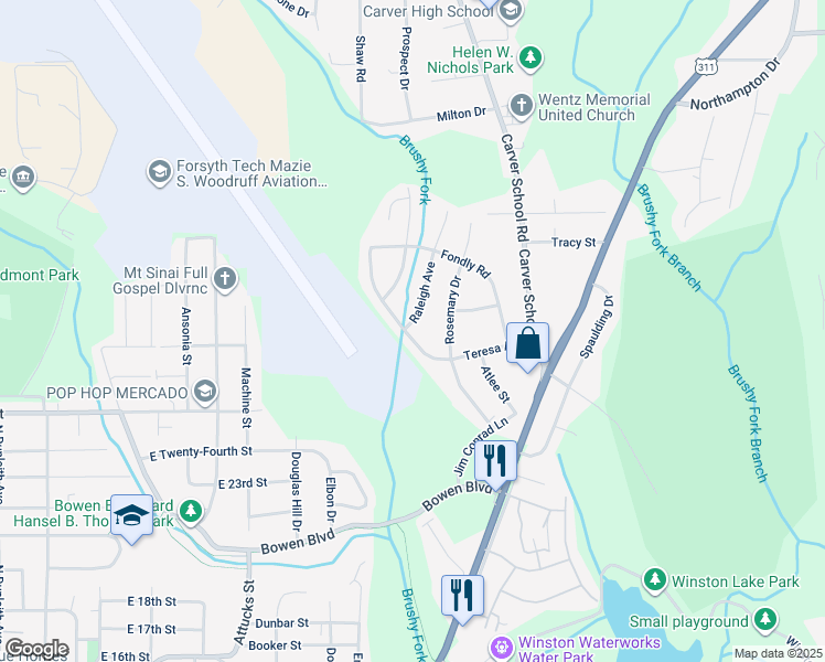 map of restaurants, bars, coffee shops, grocery stores, and more near 2901 Teresa Avenue in Winston-Salem