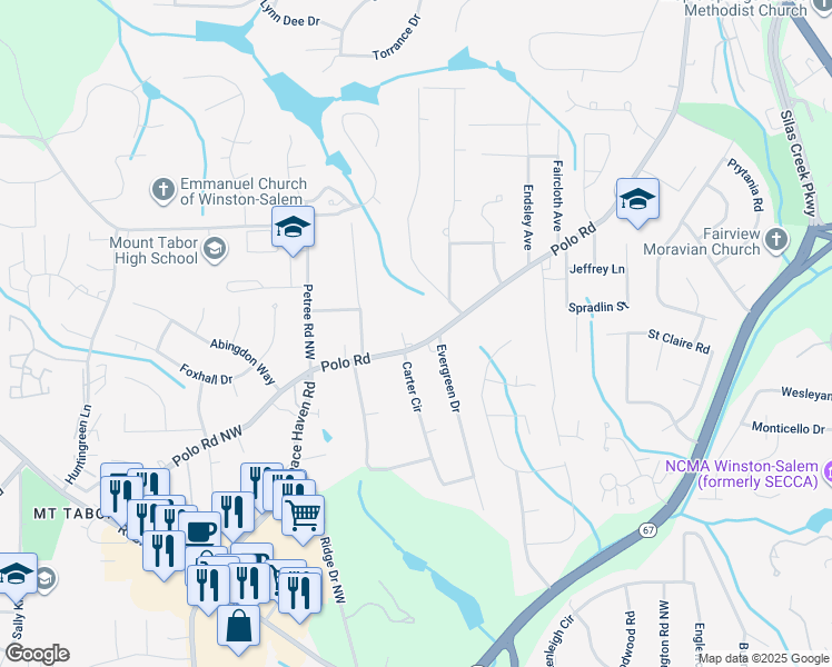 map of restaurants, bars, coffee shops, grocery stores, and more near 2715 Polo Road in Winston-Salem