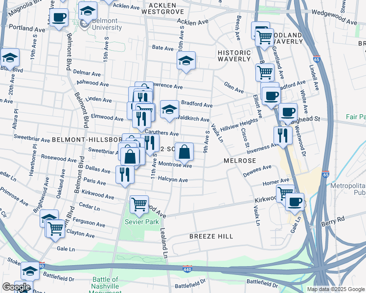 map of restaurants, bars, coffee shops, grocery stores, and more near 922 Gilmore Avenue in Nashville