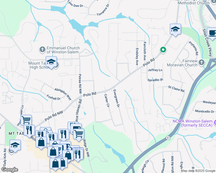 map of restaurants, bars, coffee shops, grocery stores, and more near 2715 Polo Road in Winston-Salem