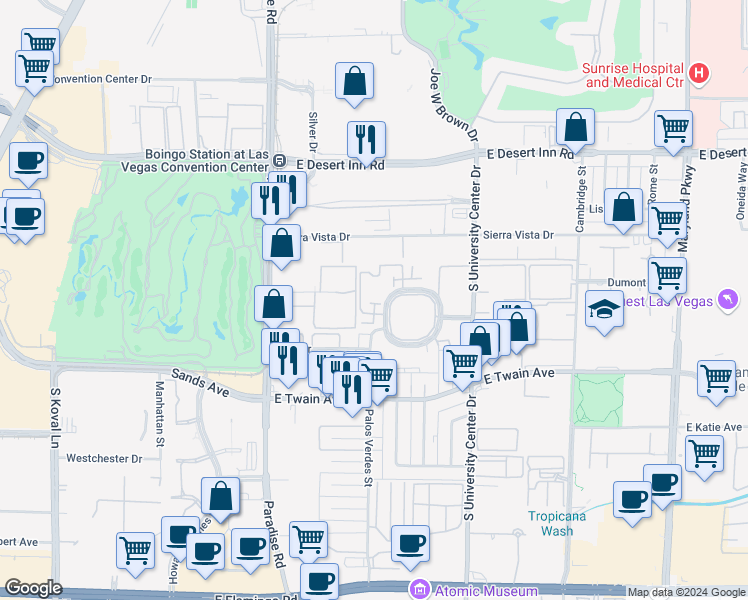 map of restaurants, bars, coffee shops, grocery stores, and more near 518 Delfern Lane in Las Vegas