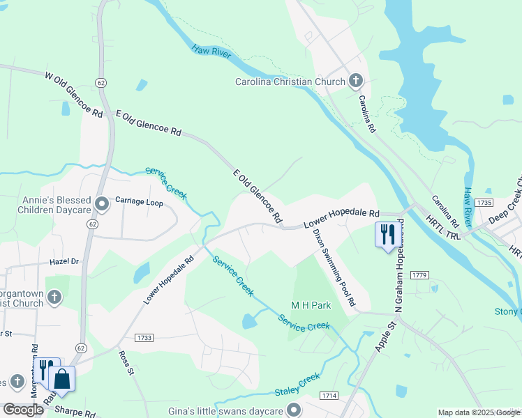 map of restaurants, bars, coffee shops, grocery stores, and more near 417 East Old Glencoe Road in Burlington