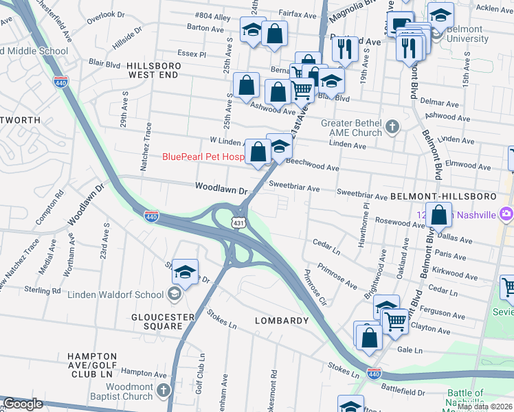 map of restaurants, bars, coffee shops, grocery stores, and more near 2600 Hillsboro Pike in Nashville