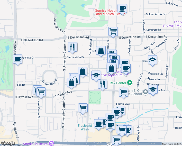 map of restaurants, bars, coffee shops, grocery stores, and more near 3600 Cambridge Street in Las Vegas