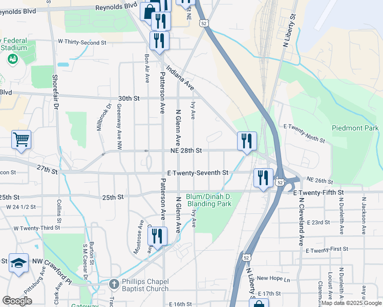 map of restaurants, bars, coffee shops, grocery stores, and more near 422 Northeast 28th Street in Winston-Salem