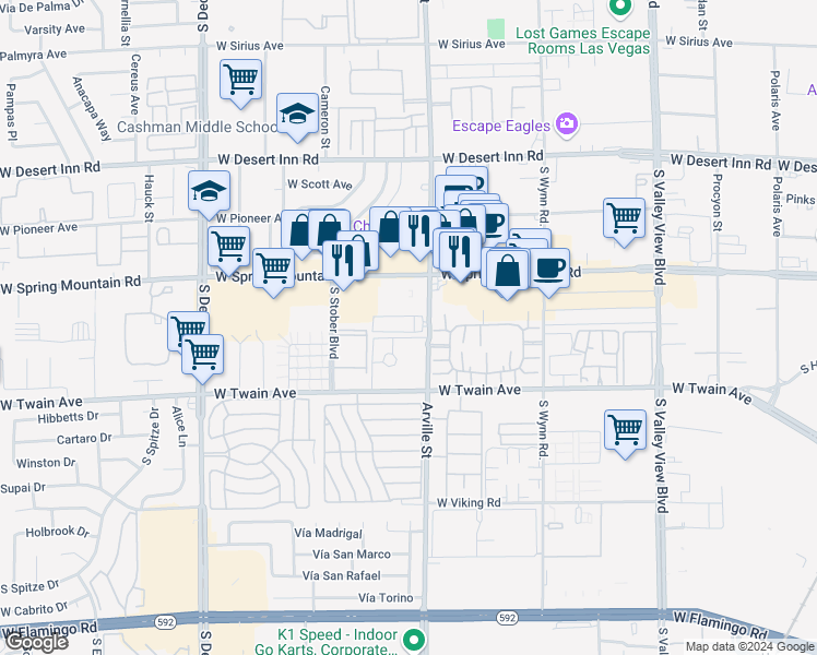 map of restaurants, bars, coffee shops, grocery stores, and more near 3597 Arville Street in Las Vegas