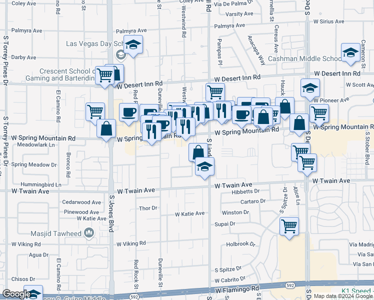 map of restaurants, bars, coffee shops, grocery stores, and more near 3565 South Calmosa Street in Las Vegas