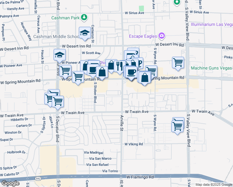 map of restaurants, bars, coffee shops, grocery stores, and more near 3597 Arville Street in Las Vegas