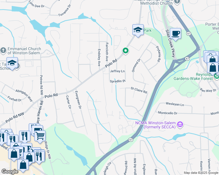 map of restaurants, bars, coffee shops, grocery stores, and more near 205 Merrimont Drive Northwest in Winston-Salem