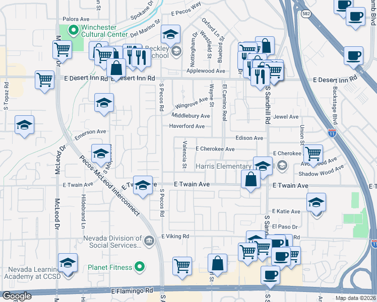map of restaurants, bars, coffee shops, grocery stores, and more near 3610 Valencia Street in Las Vegas