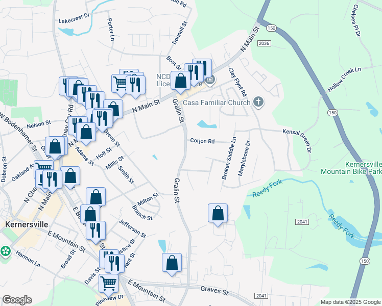 map of restaurants, bars, coffee shops, grocery stores, and more near 307 Gralin Street in Kernersville